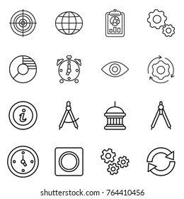 Thin line icon set : target, globe, report, gear, circle diagram, alarm clock, eye, around, info, draw compass, goverment house, drawing compasses, watch, ring button, gears, reload