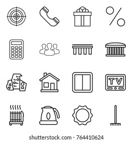Thin line icon set : target, phone, gift, percent, calculator, group, bridge, airport building, modern architecture, home, power switch, tv, radiator, kettle, induction oven, rake