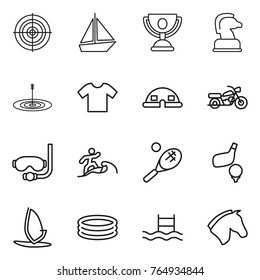Thin line icon set : target, boat, trophy, chess horse, t shirt, dome house, motorcycle, diving mask, surfer, tennis, golf, windsurfing, inflatable pool