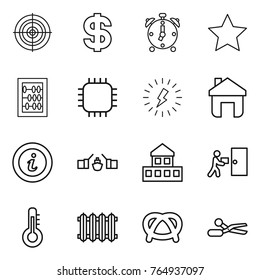 Thin line icon set : target, dollar, alarm clock, star, abacus, chip, lightning, home, info, drawbridge, cottage, courier delivery, thermometer, radiator, pretzel, scissors