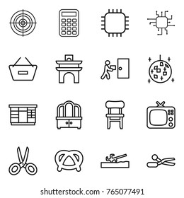 Thin line icon set : target, calculator, chip, remove from basket, arch, courier delivery, disco ball, wardrobe, dresser, chair, tv, scissors, pretzel, soil cutter