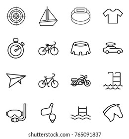 Thin line icon set : target, boat, smart bracelet, t shirt, stopwatch, bike, stadium, car baggage, deltaplane, motorcycle, pool, diving mask, golf, horse