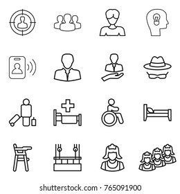 Thin line icon set : target audience, group, woman, bulb head, pass card, client, confidential, passenger, hospital, invalid, bed, Chair for babies, skysrcapers cleaning, cleaner, outsource
