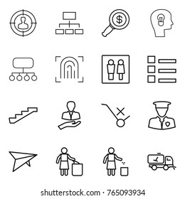 Thin line icon set : target audience, hierarchy, dollar magnifier, bulb head, structure, fingerprint, wc, list, stairs, client, do not trolley sign, security man, deltaplane, garbage bin
