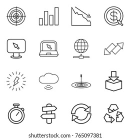 Thin line icon set : target, graph, crisis, dollar arrow, monitor, notebook, globe connect, up down, lightning, cloud wireless, package, stopwatch, signpost, reload, recycling