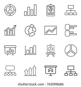 Thin line icon set : target audience, graph, report, hierarchy, diagram, circle, statistics, presentation, structure, up