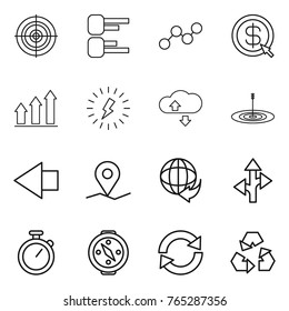 Thin line icon set : target, diagram, graph, dollar arrow, up, lightning, cloude service, left, geo pin, delivery, route, stopwatch, compass, reload, recycling