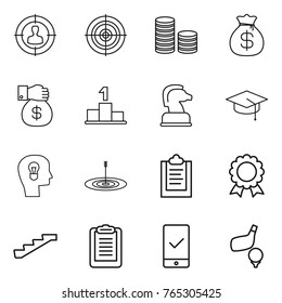Thin line icon set : target audience, coin stack, money bag, gift, pedestal, chess horse, graduate hat, bulb head, clipboard, medal, stairs, mobile checking, golf