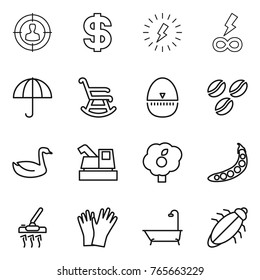 Thin line icon set : target audience, dollar, lightning, infinity power, dry cargo, rocking chair, egg timer, coffee seeds, goose, harvester, garden, peas, vacuum cleaner, gloves, bath, bug
