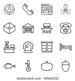 Thin line icon set : target audience, phone, newspaper, virus, box, garage, japanese house, customs control, alarm, chest of drawers, bed, fish, thermometer, pumpkin, acorn