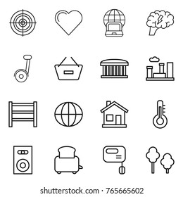 Thin line icon set : target, heart, notebook globe, brain, segway, remove from basket, airport building, city, rack, home, thermometer, speaker, toaster, mixer, trees
