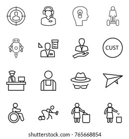 Thin line icon set : target audience, call center, bulb head, hoverboard, jet robot, architector, client, customs, control, workman, confidential, deltaplane, invalid, vacuum cleaner, garbage bin