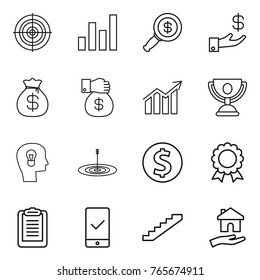 Thin line icon set : target, graph, dollar magnifier, investment, money bag, gift, diagram, trophy, bulb head, coin, medal, clipboard, mobile checking, stairs, housing