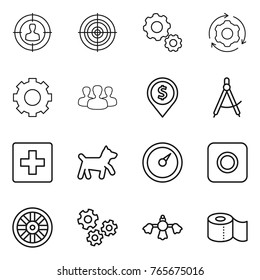 Thin line icon set : target audience, gear, around, group, dollar pin, draw compass, first aid, dog, barometer, ring button, wheel, gears, hard reach place cleaning, toilet paper