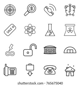 Thin line icon set : target, dollar magnifier, call, alarm clock, sale, atom, flask, nuclear power, infinity, unlock, airport building, hangare, phone, baggage get, house cleaning
