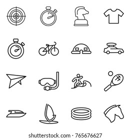 Thin line icon set : target, stopwatch, chess horse, t shirt, bike, dome house, car baggage, deltaplane, diving mask, surfer, tennis, yacht, windsurfing, inflatable pool