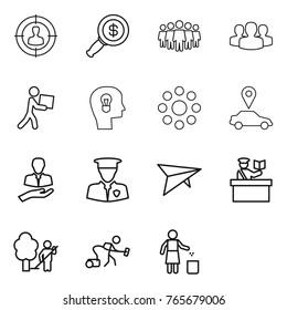 Thin line icon set : target audience, dollar magnifier, team, group, courier, bulb head, round around, car pointer, client, security man, deltaplane, inspector, garden cleaning, vacuum cleaner