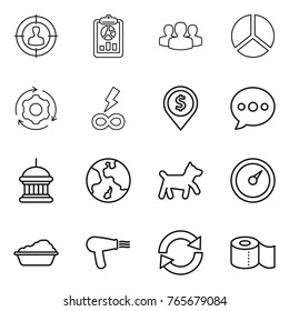 Thin line icon set : target audience, report, group, diagram, around gear, infinity power, dollar pin, balloon, goverment house, earth, dog, barometer, washing, hair dryer, reload, toilet paper