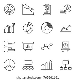 Thin line icon set : target audience, crisis, report, diagram, circle, statistics, presentation, graph, structure, up, hierarchy