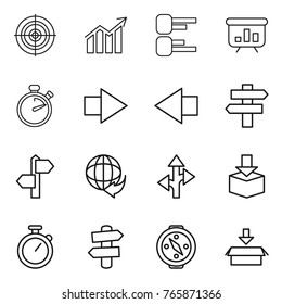 Thin line icon set : target, diagram, presentation, stopwatch, right arrow, left, singlepost, signpost, delivery, route, package, compass