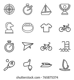 Thin line icon set : target, stopwatch, boat, trophy, chess horse, smart bracelet, t shirt, bike, deltaplane, pool, tennis, golf, yacht, windsurfing