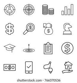 Thin line icon set : target audience, coin stack, graph, dollar, magnifier, money gift, chess horse, graduate hat, clipboard, mobile checking, golf, housing