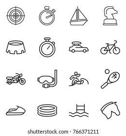 Thin line icon set : target, stopwatch, boat, chess horse, stadium, car baggage, bike, motorcycle, diving mask, surfer, tennis, jet ski, inflatable pool