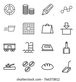 Thin line icon set : target audience, coin stack, marker, graph, delivery, cpu, shopping bag, package, railroad shipping, pool, iron, scoop, soil cutter, coffee seeds, bread