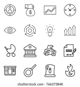 Thin line icon set : target audience, money gift, statistics, clock, eye, around gear, bulb, graph up, baby stroller, library, modern architecture, inventory, wardrobe, pan, kettle, fire