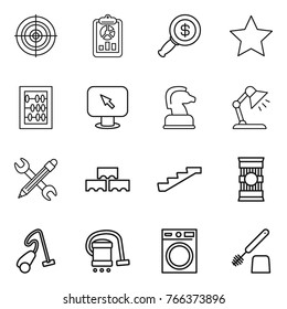 Thin line icon set : target, report, dollar magnifier, star, abacus, monitor arrow, chess horse, table lamp, pencil wrench, block wall, stairs, pasta, vacuum cleaner, washing machine, toilet brush