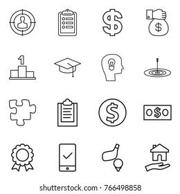 Thin line icon set : target audience, clipboard, dollar, money gift, pedestal, graduate hat, bulb head, puzzle, coin, medal, mobile checking, golf, housing