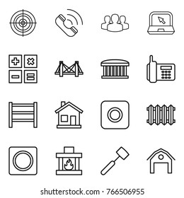 Thin line icon set : target, call, group, notebook, calculator, bridge, airport building, phone, rack, home, ring button, radiator, fireplace, meat hammer, barn