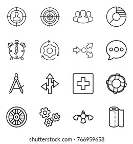 Thin line icon set : target audience, group, circle diagram, alarm clock, around gear, core splitting, balloon, draw compass, route, first aid, lifebuoy, wheel, gears, hard reach place cleaning