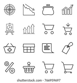 Thin line icon set : target, crisis, purse, diagram, presentation, graph up, cart, add to, basket, market, shopping list, label, percent