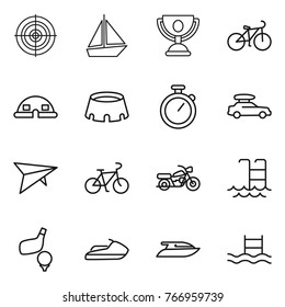 Thin line icon set : target, boat, trophy, bike, dome house, stadium, stopwatch, car baggage, deltaplane, motorcycle, pool, golf, jet ski, yacht