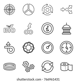 Thin line icon set : target, diagram, around gear, core splitting, bio, infinity power, info, goverment house, trip, lifebuoy, barometer, watch, inflatable pool, gears, reload, toilet paper