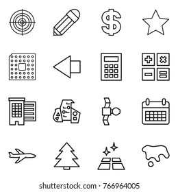 Thin line icon set : target, pencil, dollar, star, cpu, left arrow, calculator, houses, modern architecture, satellite, calendar, plane, spruce, clean floor, spot
