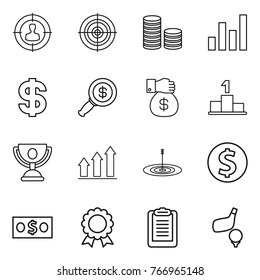 Thin line icon set : target audience, coin stack, graph, dollar, magnifier, money gift, pedestal, trophy, up, medal, clipboard, golf
