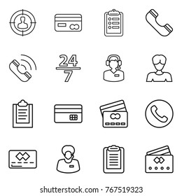 Thin line icon set : target audience, card, clipboard, phone, call, 24 7, center, woman, credit, support manager