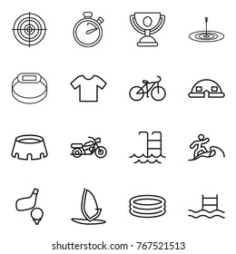 Thin line icon set : target, stopwatch, trophy, smart bracelet, t shirt, bike, dome house, stadium, motorcycle, pool, surfer, golf, windsurfing, inflatable