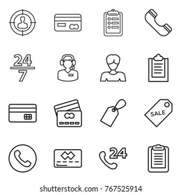 Thin line icon set : target audience, card, clipboard, phone, 24 7, call center, woman, credit, label, sale