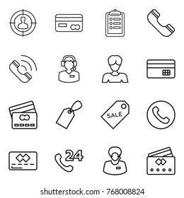 Thin line icon set : target audience, card, clipboard, phone, call, center, woman, credit, label, sale, 24, support manager