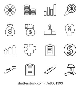Thin line icon set : target, coin stack, graph, dollar magnifier, money bag, gift, pedestal, bulb head, up, puzzle, clipboard, stairs, housing