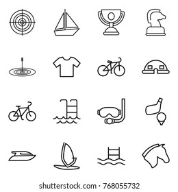 Thin line icon set : target, boat, trophy, chess horse, t shirt, bike, dome house, pool, diving mask, golf, yacht, windsurfing