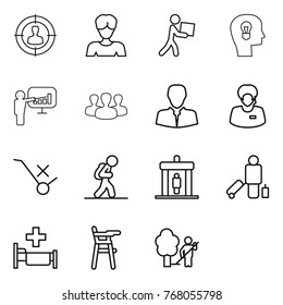 Thin line icon set : target audience, woman, courier, bulb head, presentation, group, client, support manager, do not trolley sign, tourist, detector, passenger, hospital, Chair for babies