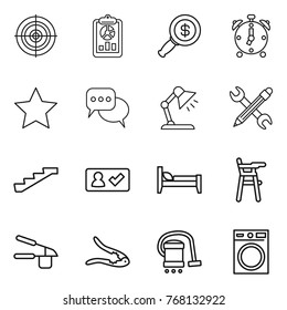 Thin line icon set : target, report, dollar magnifier, alarm clock, star, discussion, table lamp, pencil wrench, stairs, check in, bed, Chair for babies, garlic clasp, walnut crack, vacuum cleaner