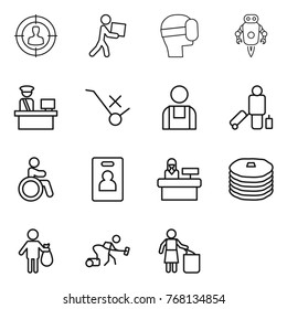 Thin line icon set : target audience, courier, virtual mask, jet robot, customs control, do not trolley sign, workman, passenger, invalid, identity card, reception, pancakes, trash, vacuum cleaner