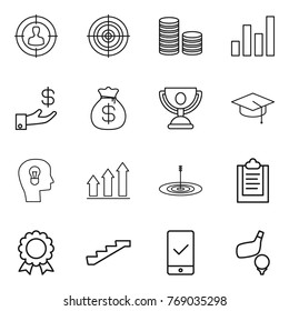 Thin line icon set : target audience, coin stack, graph, investment, money bag, trophy, graduate hat, bulb head, up, clipboard, medal, stairs, mobile checking, golf