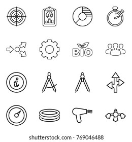 Thin line icon set : target, report, circle diagram, stopwatch, core splitting, gear, bio, group, info, draw compass, drawing compasses, route, barometer, inflatable pool, hair dryer