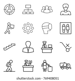 Thin line icon set : target audience, hierarchy, group, woman, courier, round around, virtual mask, wc, stairs, client, customs control, do not trolley sign, tourist, inspector, garbage bin